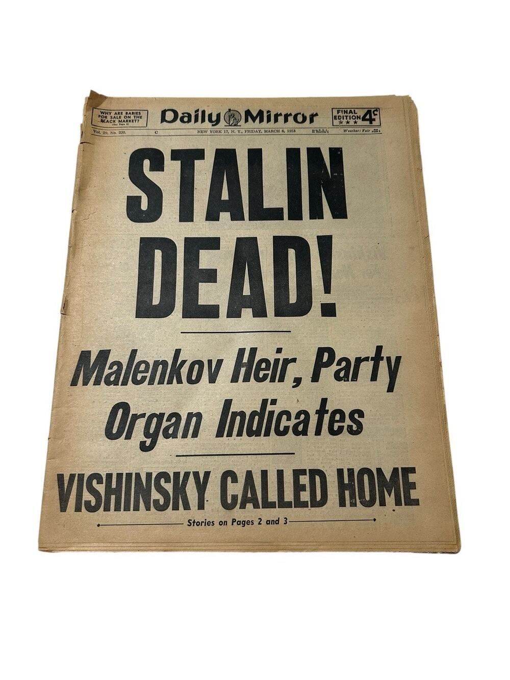STALIN DEAD Daily Mirror Newspaper Friday March 6th 1953 New York Paper RARE